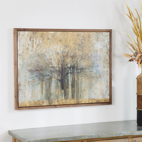 Painted landscape canvas wall decor with wood frame and gold finish 31.5"l