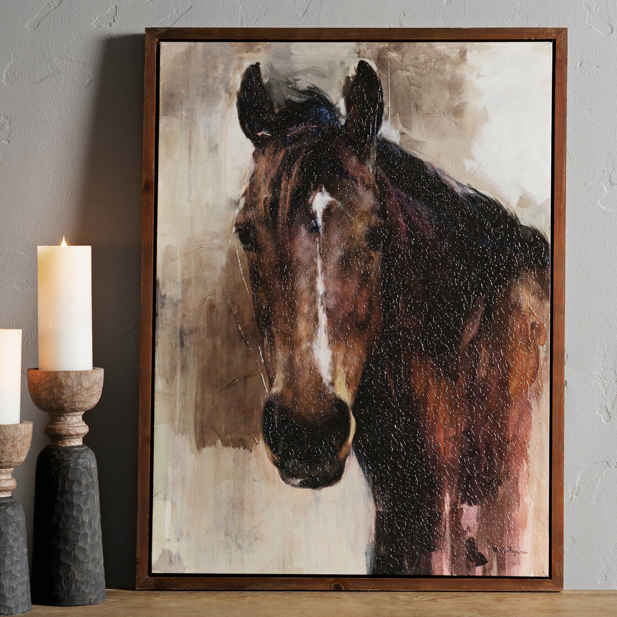 Wood Framed Horse Canvas Painting 31.5"H
