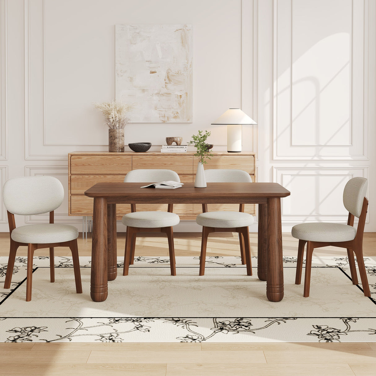 63" Solid Wood Dining Table Set with 4 Upholstered Chairs