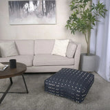 Dalm Fabric Square Pouf Ottoman with Polystyrene Beads Filling - Dark Blue / White