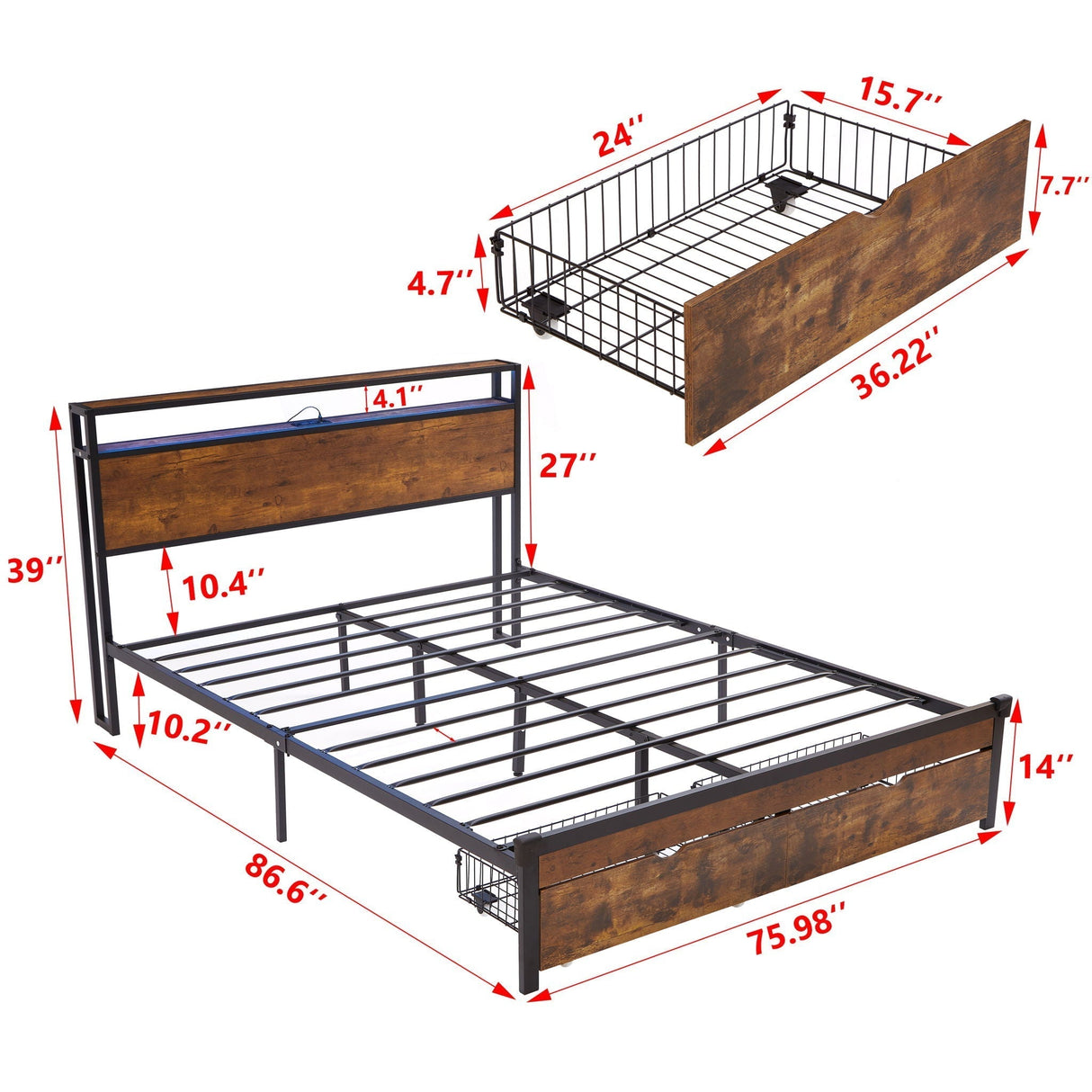 Modern Metal Platform Bed Frame With Wooden Headboard, USB Charging, LED Lights, And Storage