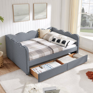 Full Size Cozy Gingham Daybed with Two Storage Drawers, with USB Port and Adorable Wave Shaped, Linen Fabric