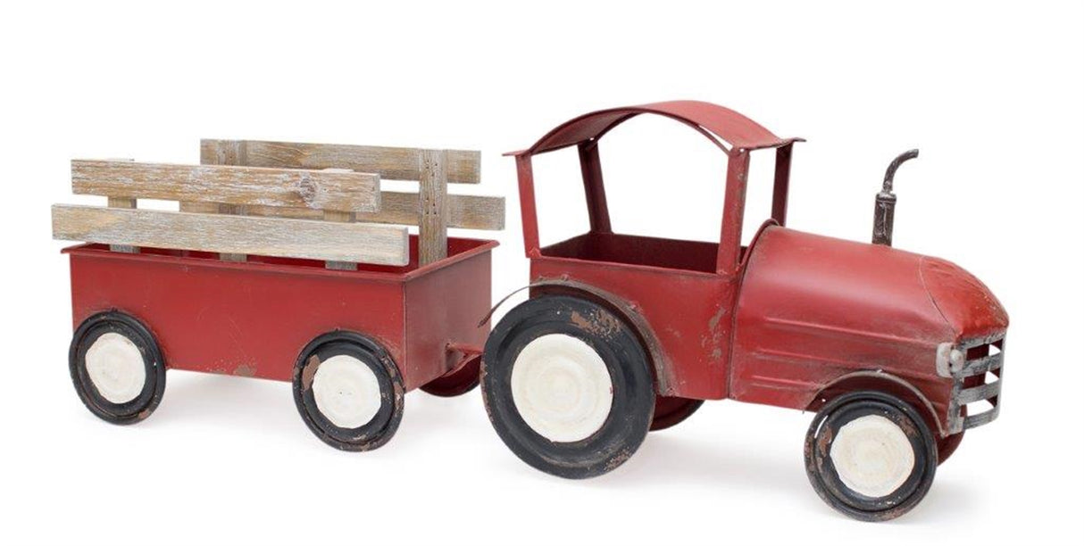 Iron metal tractor with wagon decor with wood accents 27.5"l