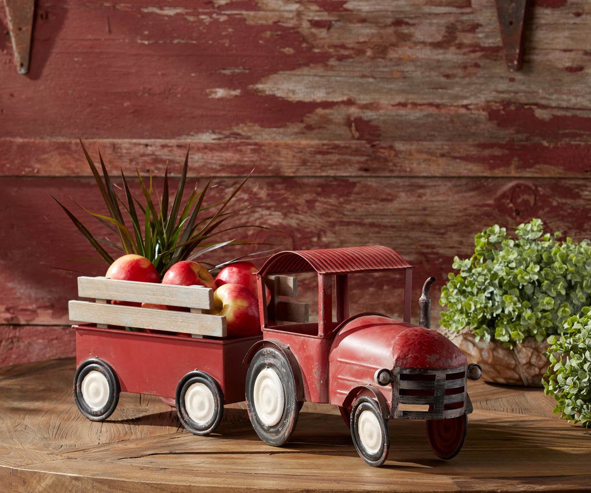 Iron Metal Tractor with Wagon Decor with Wood Accents 27.5"L