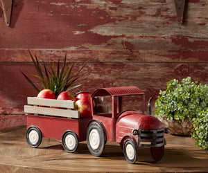Iron Metal Tractor with Wagon Decor with Wood Accents 27.5"L