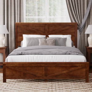 Farmhouse Style Queen Size Bed with Barn Door Headboard and Footboard