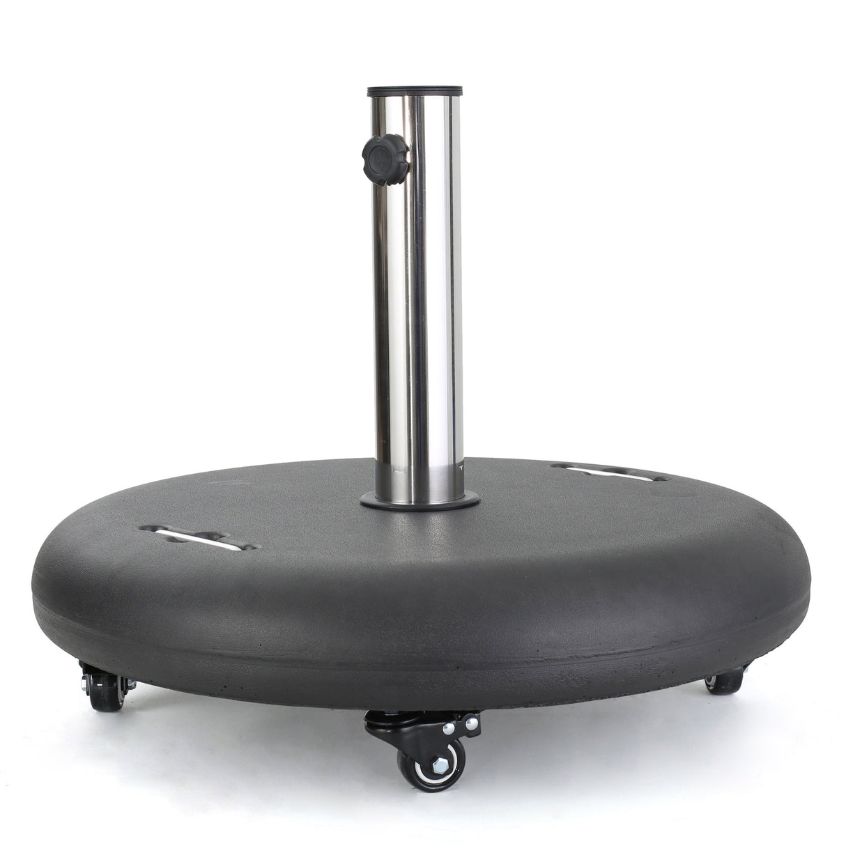 Modern Wheelie Round Umbrella Base with Stainless Steel Holder in Black Concrete
