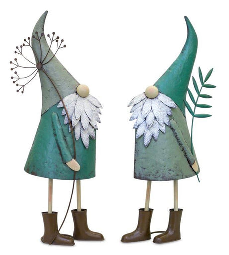 Iron-metal-standing-garden-gnome-with-flower-(set-of-2)-Garden-Decor