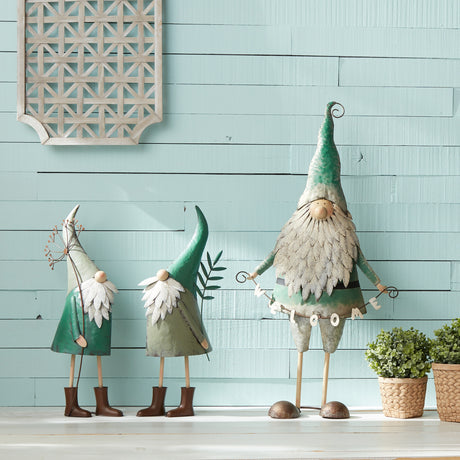 Iron metal standing garden gnome with flower (set of 2)