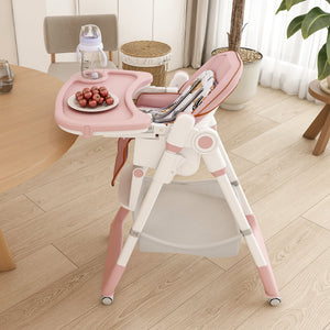 Adjustable Baby High Chair with Safety Belt and Lockable Wheels – Pink