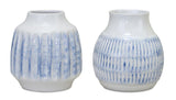 Ribber ceramic vase with washed blue finish (set of 2)