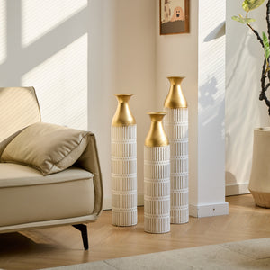 Floor Metal Vases Set of 3 - White with Gold Accents
