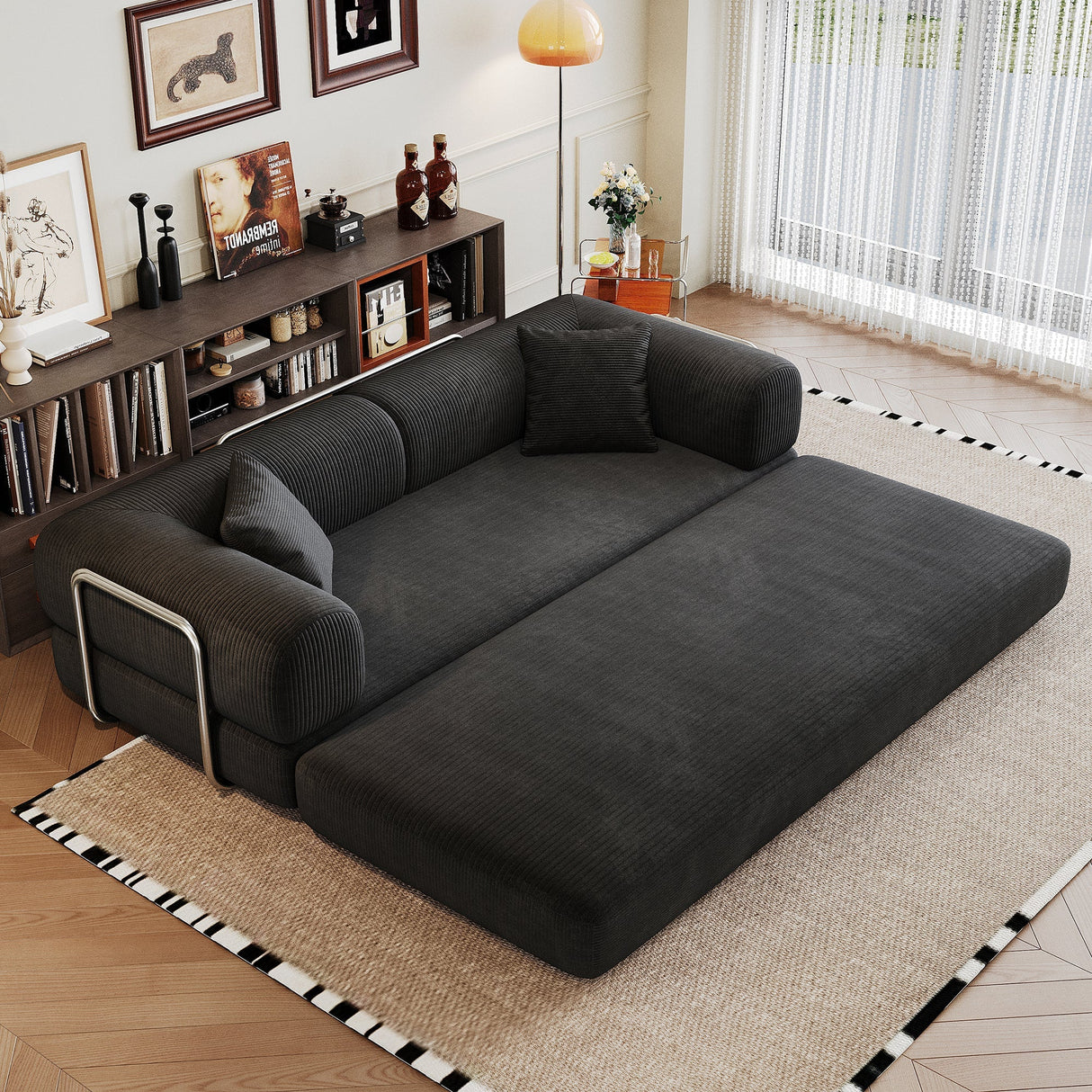 78.8' Compression Sofa,Convertible Floor Sofa Bed-with Pillow Back Support Armrest,Comfy Futon Couch Sleeper Bed,Loveseats Boneless Modular Sectional Sofa,Corduroy fabric,for Living Room,Bedroom,Black