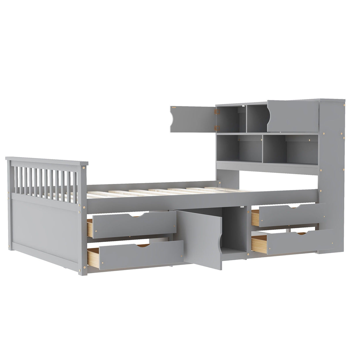 Captain Platform Bed Frame With Bookcase Headboard, 4 Drawers, Storage Shelves