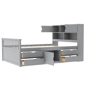 Captain Platform Bed Frame With Bookcase Headboard, 4 Drawers, Storage Shelves