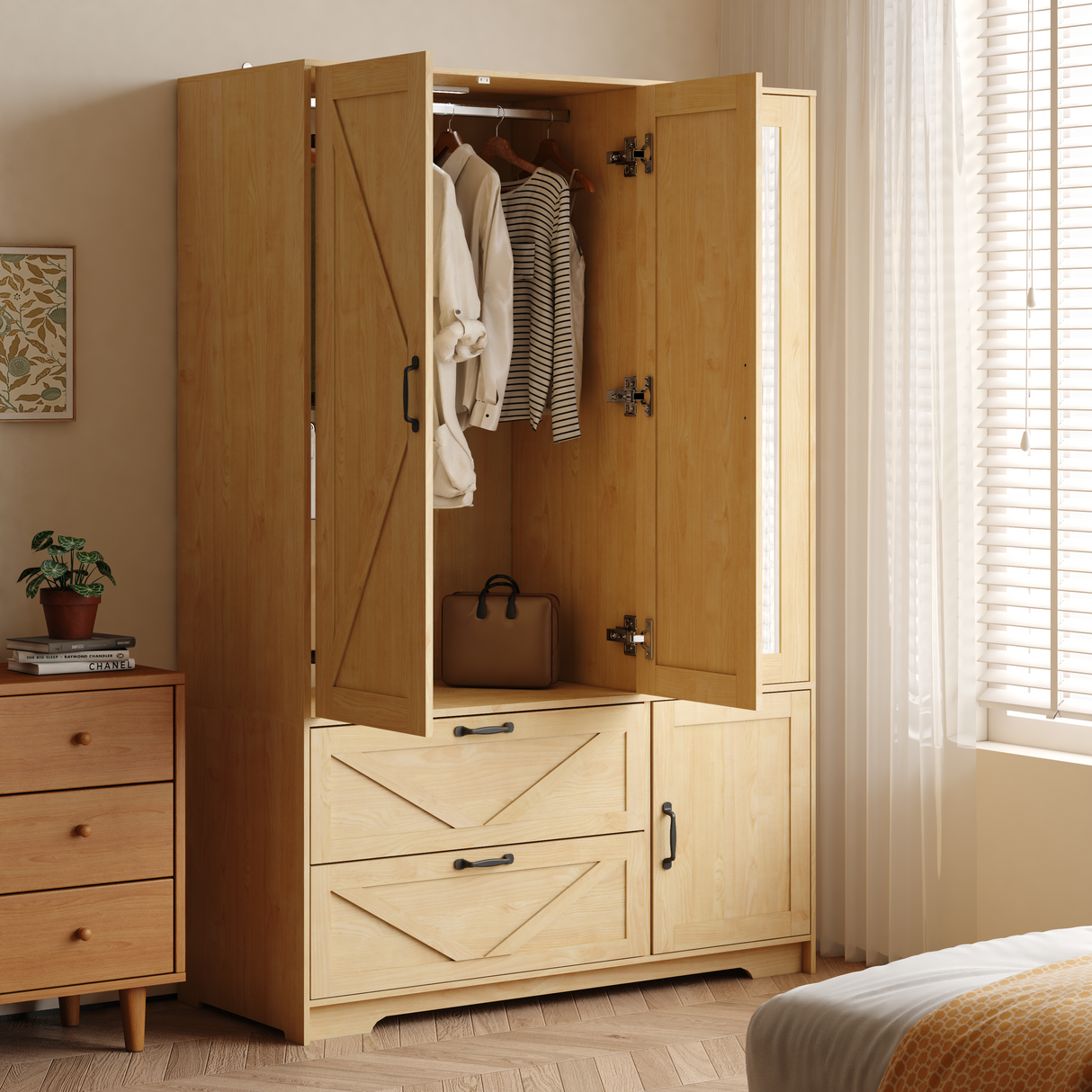4 Doors Wardrobe Closet with Mirror, LED Lighting & Storage