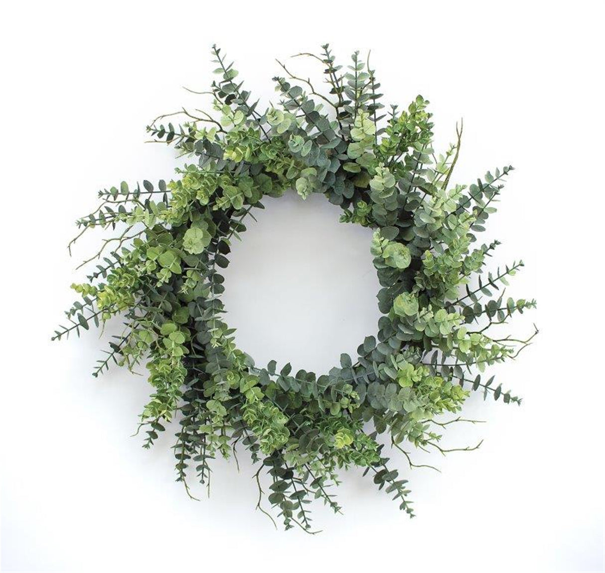 Mixed eucalyptus leaf foliage wreath with twig accents 29"d