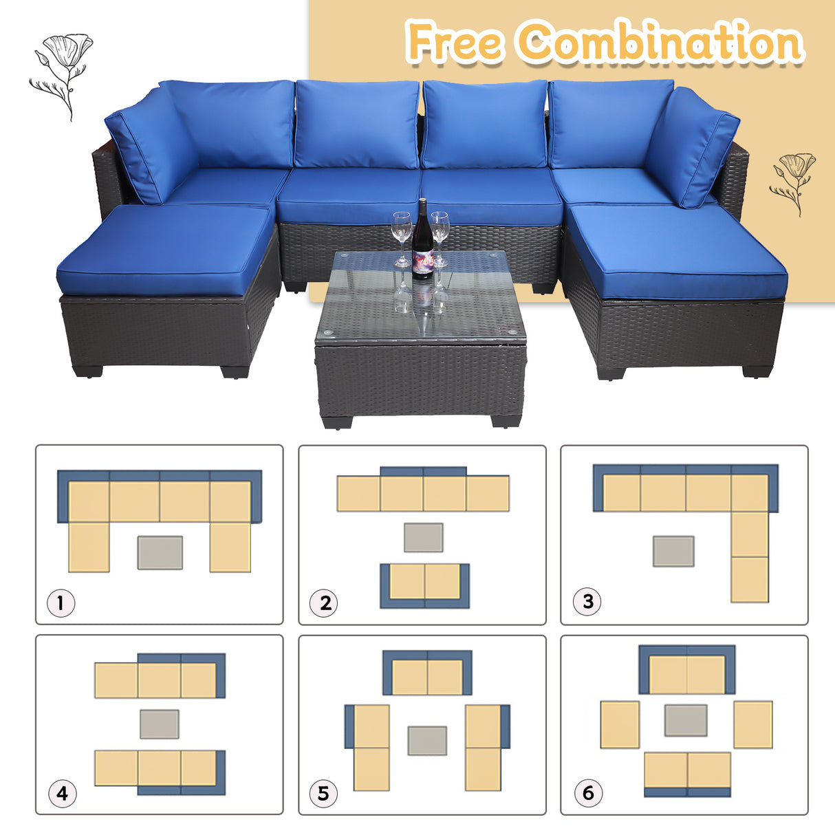 Outdoor garden patio furniture 7-piece pe rattan wicker cushioned sofa sets  and coffee table