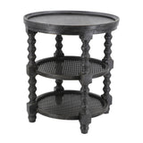 23.5 x 25' Round Three Tiered Side Table with Rattan Shelf, Black