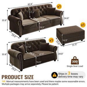 Upholstered Sofa Set With Nailhead Trim and Rolled Armrests, Includes Pillows