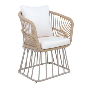 Outdoor 7-Piece Dining Set - Rectangular Teak Wood Table + 6 Wicker Chairs with Cushions