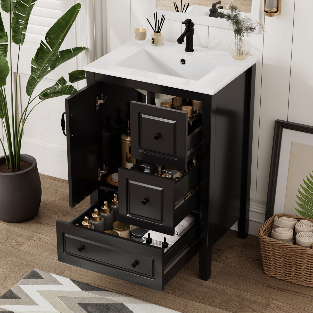 Retro Bathroom Vanity with Sink, Soft Closing Cabinet & Drawers
