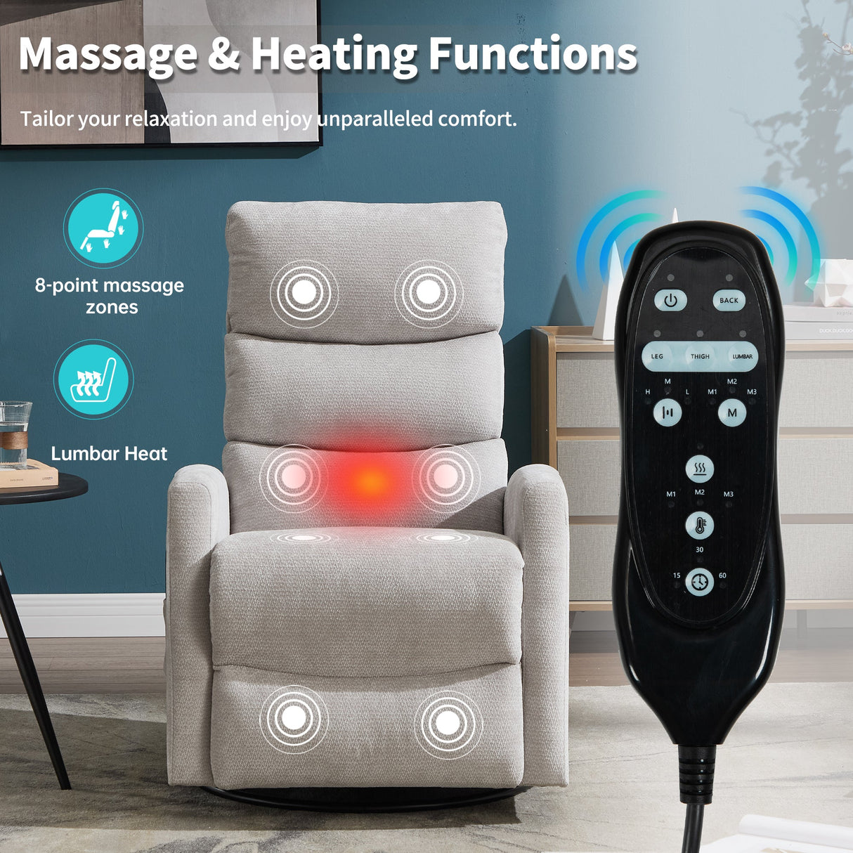 Heat Massage Manual Recliner Chair with Rocker and Swivel