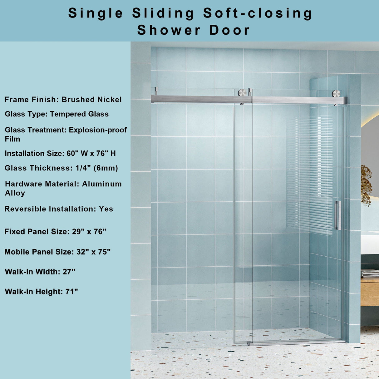 Frameless Soft-Closing Shower Door, 1/4" Tempered Glass Single Sliding