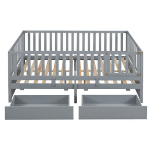 Daybed With Fence Guardrails And 2 Drawers, Split Into Independent Floor Bed & Daybed