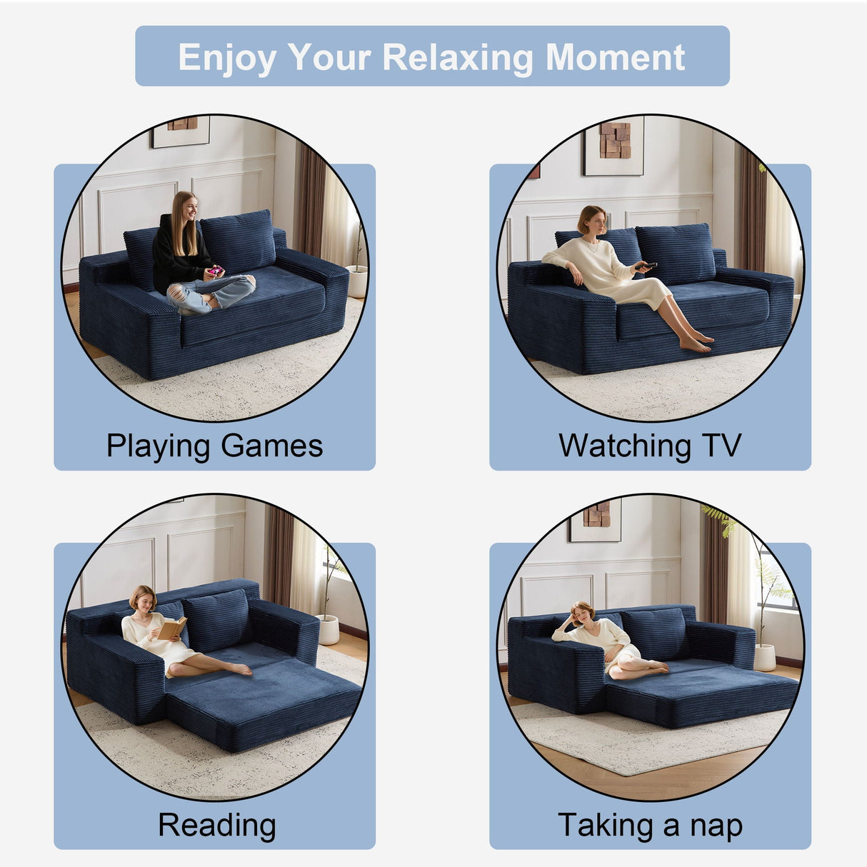 Comfortable Deep Seat Loveseat Sofa Bed, Reversible Cushion With Pillows