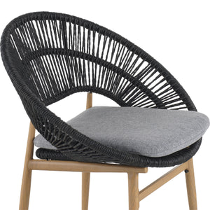 Cyril Outdoor Wicker Papasan Style Dining Chair with Teak Finished Leg and Dark Gray Faux Rattan - Set of 2