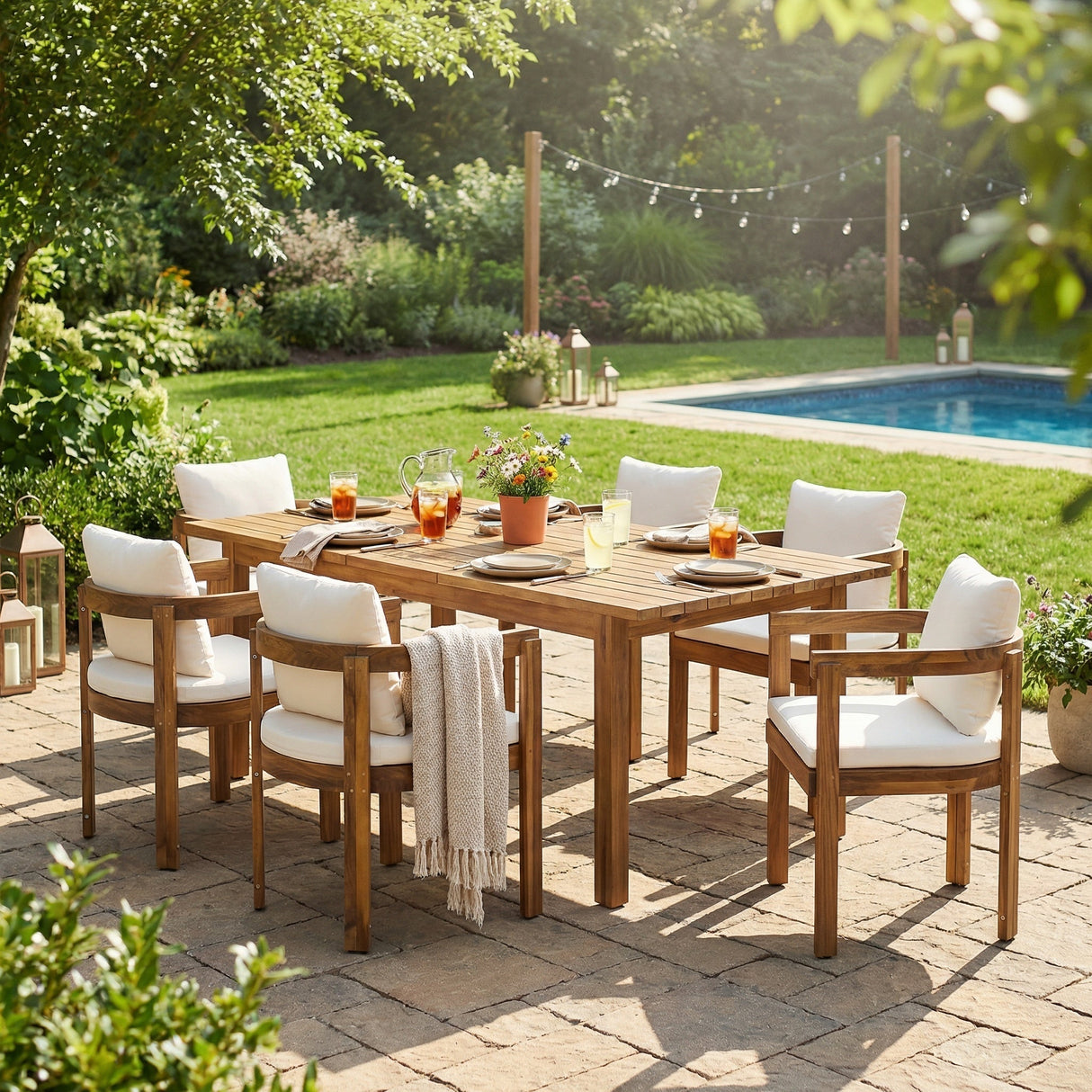 7 Pieces Acacia Wood Outdoor Dining Set with Cream Cushions