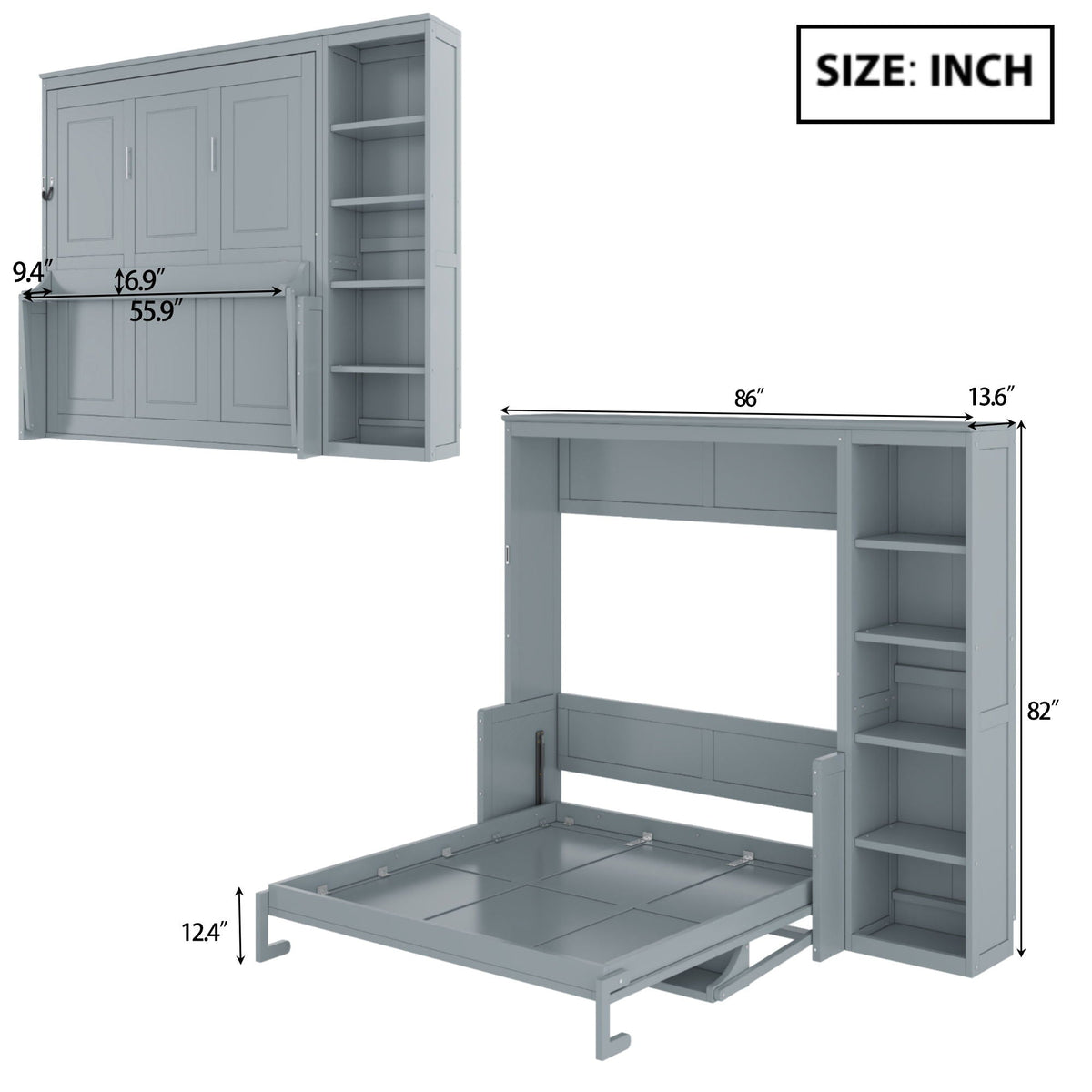Murphy Bed with Desk and Bookshelf - Solid Pine, Full & Queen Sizes