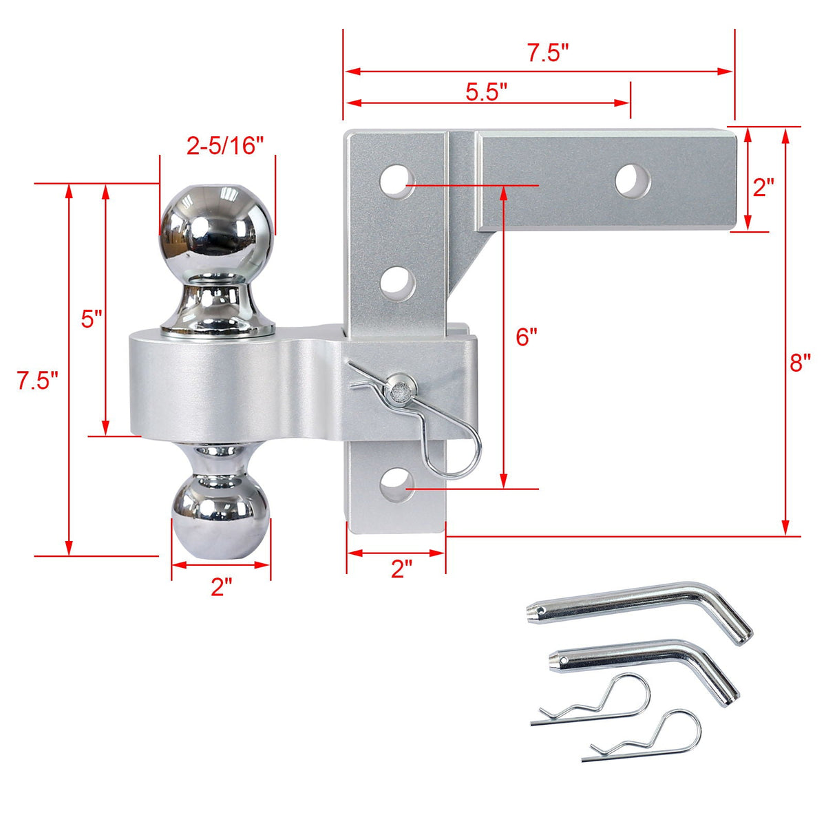 Alu - Adjustable Trailer Drop Hitch With 2" Receiver, 6" Adjustable - Silver