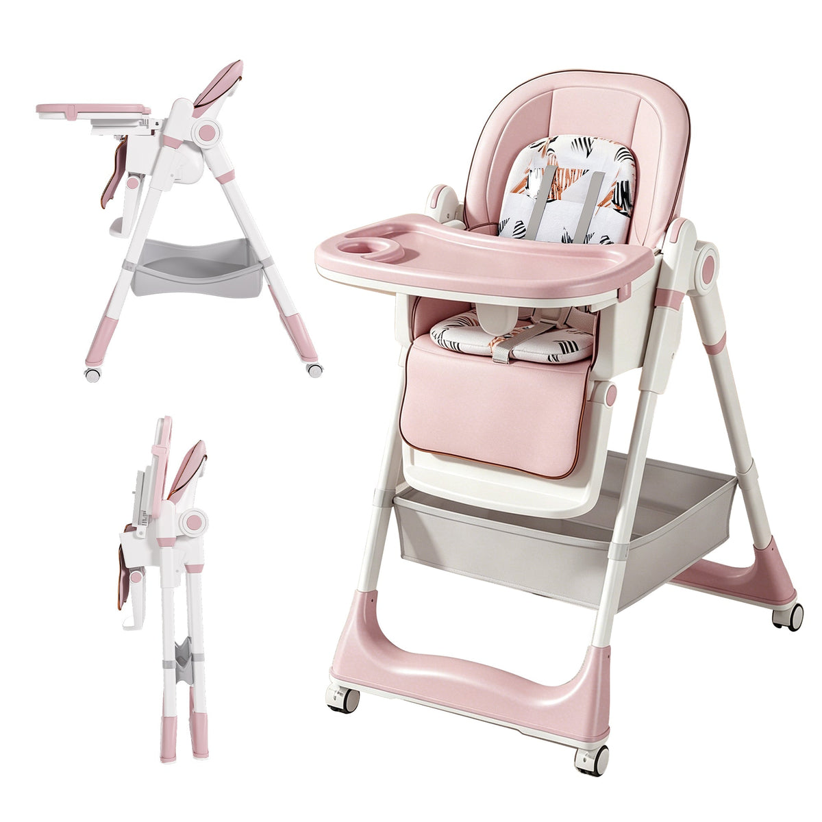 Adjustable Baby High Chair with Safety Belt and Lockable Wheels – Pink