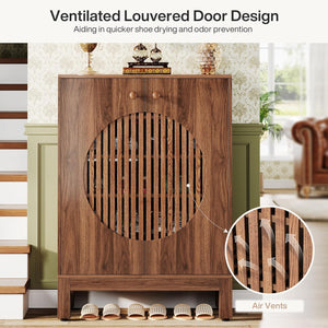 5 Tier Shoe Cabinet With Round Louvered Doors, Storage Organizer - Brown