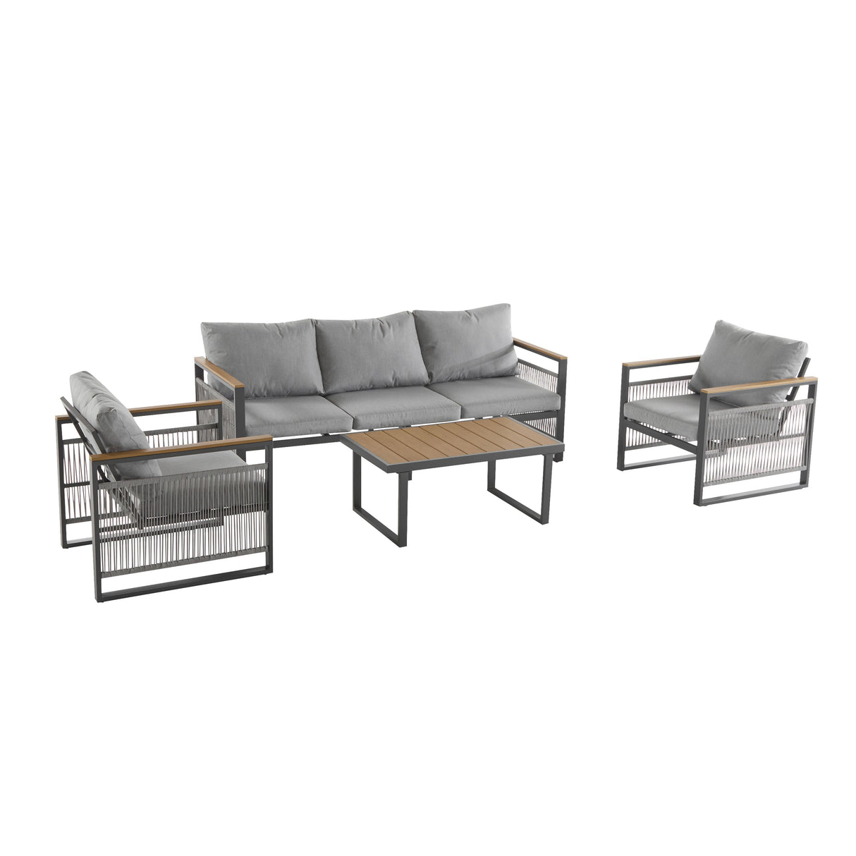 4-Piece Outdoor Metal Patio Furniture Set with Cushion - Grey & Natural