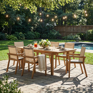 7 Pieces Acacia Wood Outdoor Dining Set, Modern Style