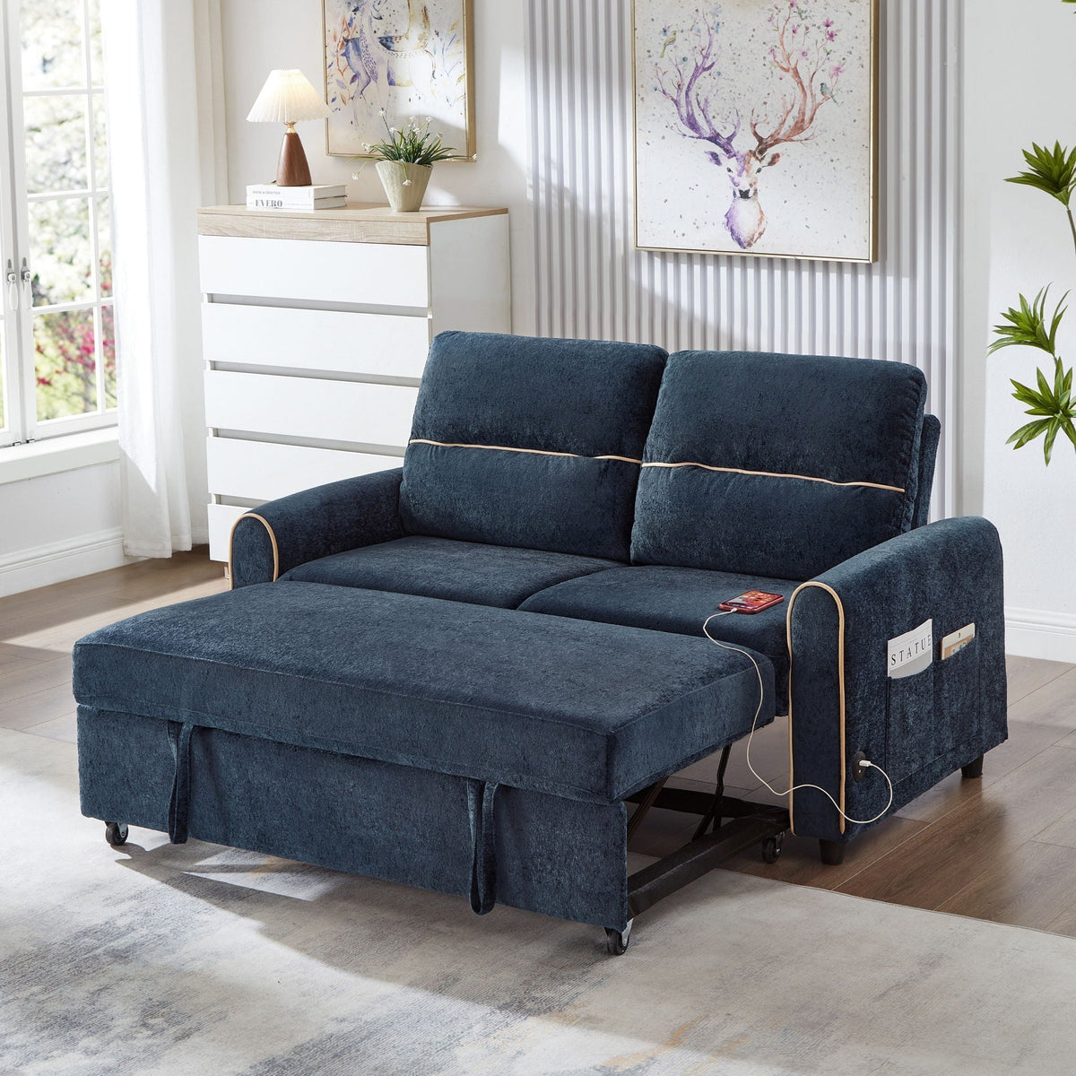 Pull Out Sofa Bed with Adjustable Backrest and USB Ports - Dark Gray, Black or Blue