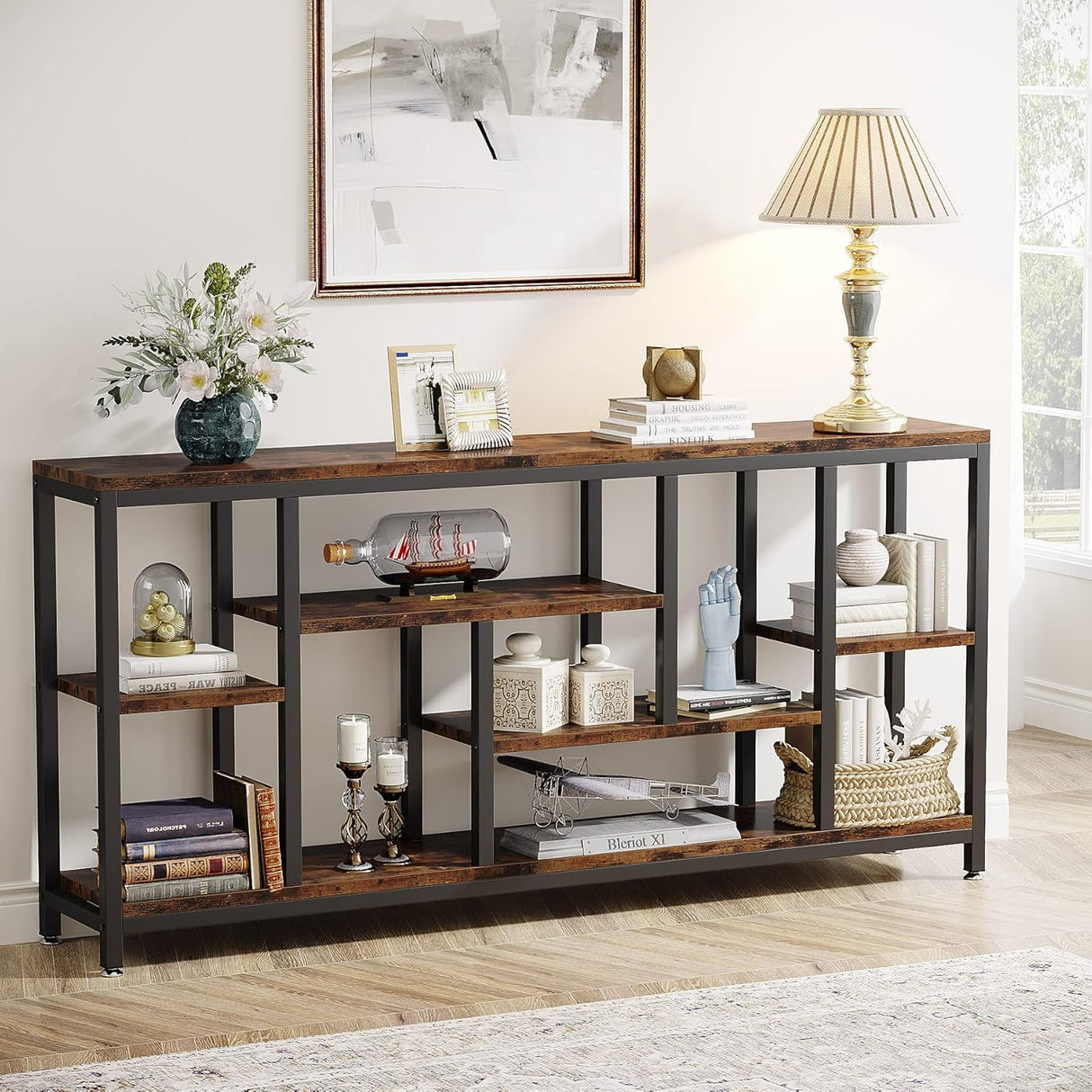 Tribesigns - Extra Long Console Table, 3 Tier With Storage Shelves - Rustic Brown