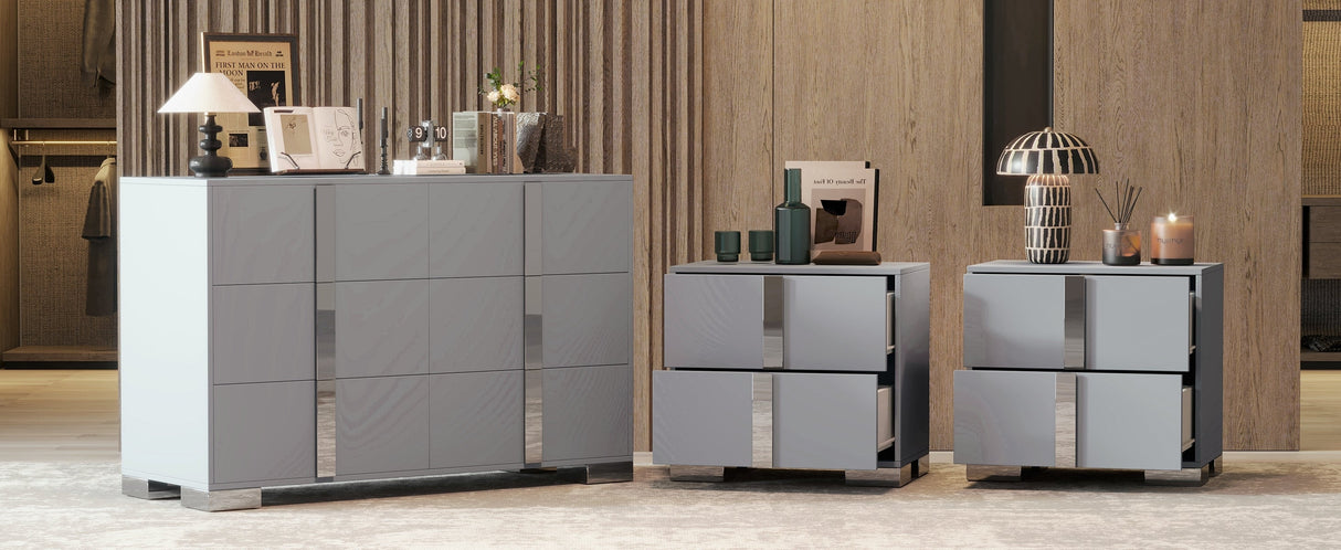 3-Pieces Sets, Elegant 6 Drawers Dresser and Two Nightstands