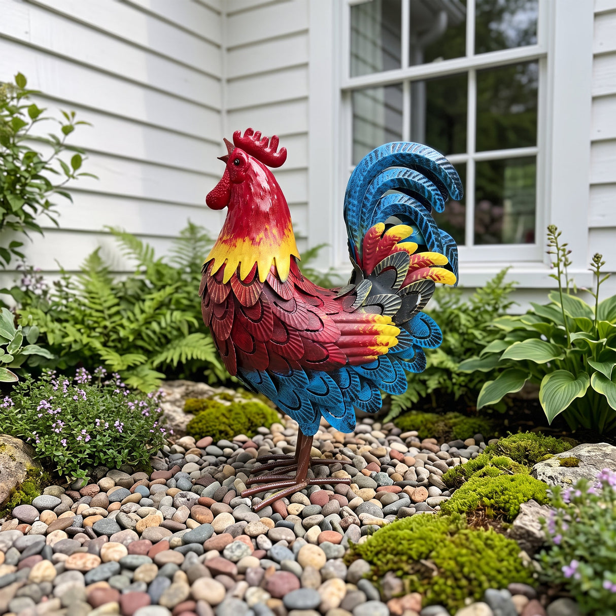 Wrought-Iron Rooster Garden Statue
