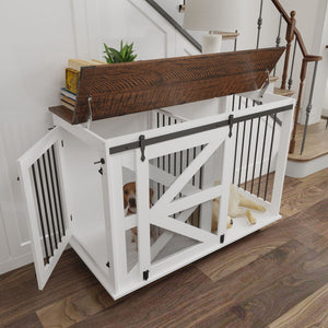 Mobile Dog Crate With Flip Top Feeding Door, Dual Access & 5 Caster System (2 Locking) - Brown White