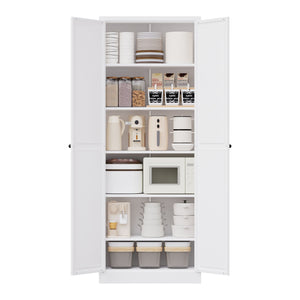 Kitchen Pantry Cabinet With Doors, Heavy-Duty Freestanding Storage Organizer With 5 Adjustable Shelves, Tool Free Assembly - White
