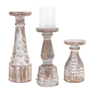 White-washed-carved-pine-tree-design-candle-holder-(set-of-3)-Candle-Holders