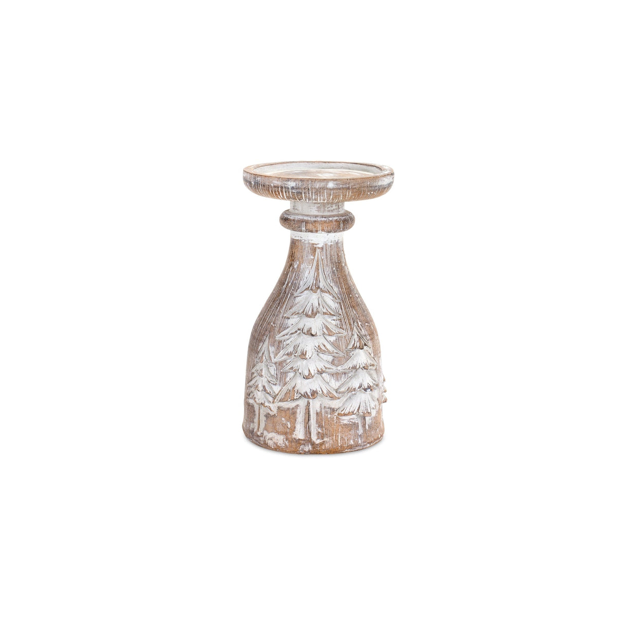 White washed carved pine tree design candle holder (set of 3)