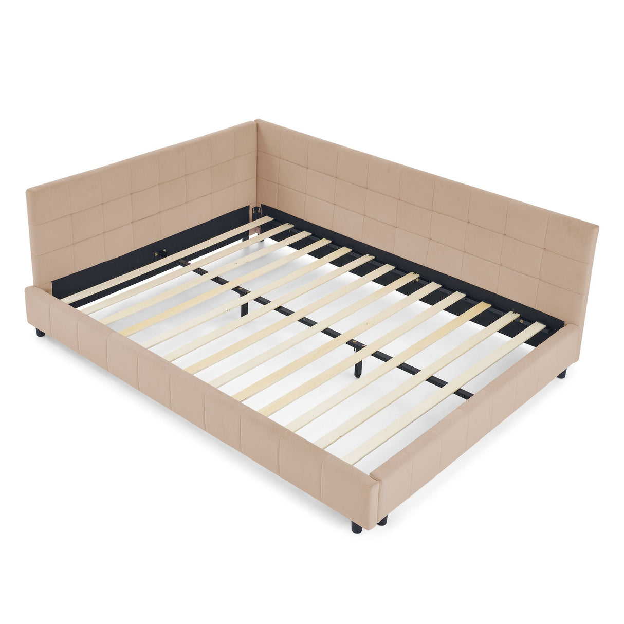 Mid-Century Storage Upholstered Tufted Bed Frame with Backrest and Armrests