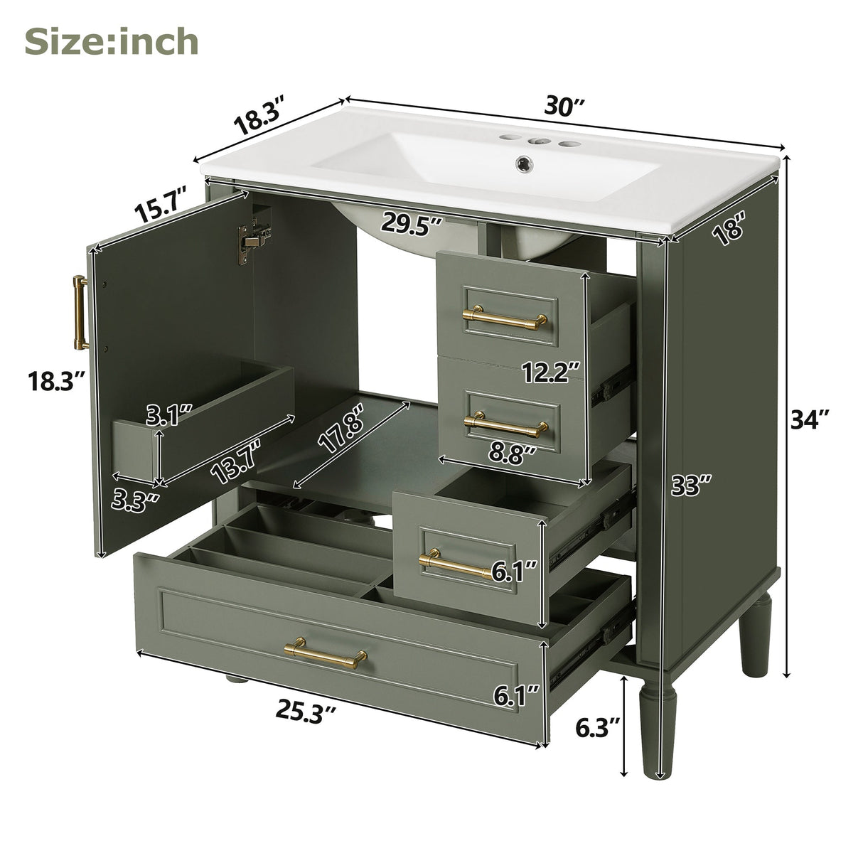 Elegant Olive Green 30' Bathroom Vanity with Ceramic Sink and Ample Storage, Solid Wood and MDF Construction
