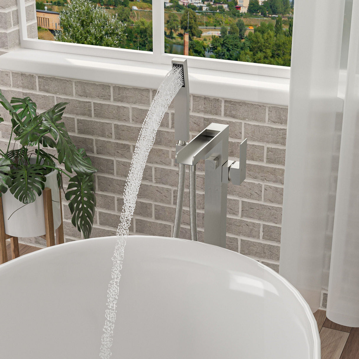 Freestanding Bathtub Faucet Waterfall Tub Filler Floor Mount Solid Brass With Hand Shower - Brushed Nickel