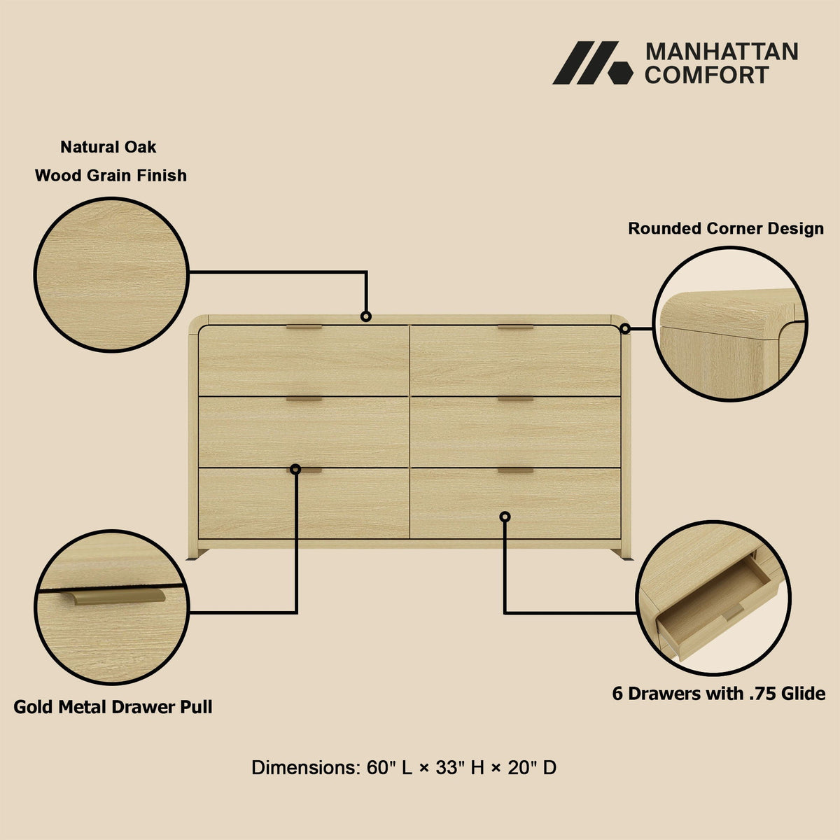 Oak Double Dresser with 6 Drawers - Grace Collection